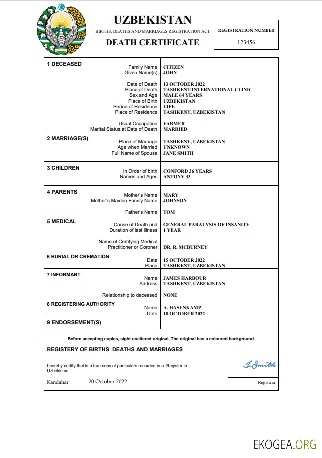 Certificat de décès de l'état civil de l'Ouzbékistan Modèle Word et PDF